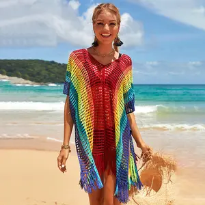Gökkuşağı tığ elbise örgü plaj Cover Up kısa kollu püskül tunik kadın moda yeni Beachwear mayolar