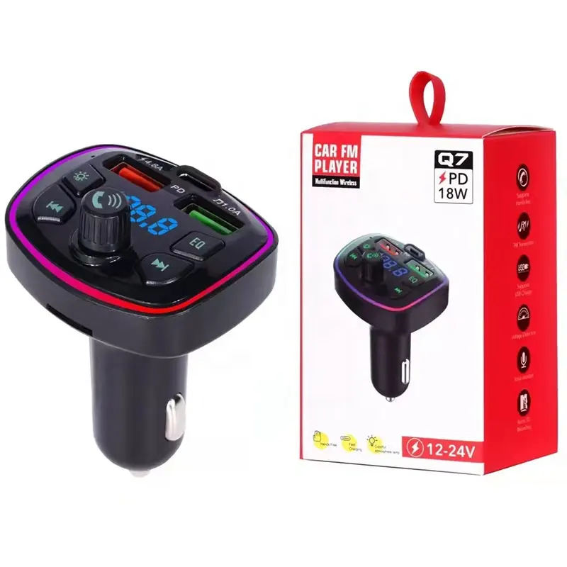 FM Transmitter for Car QC3.0 7 Colors LED Backlit Car Radio Blue Adapter Music tooth Player Hands Free Car Kit with SD Card Slot