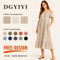 Gaun Kasual Wanita Off Shoulder Bahan Linen Campuran Midi Dress Ruffle Hem Longgar 200GSM Bernapas Logo Custom Gaun off the Shoulder