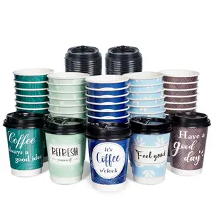 Disposable Coffee Cups with Lids 12 oz Double-Walled Paper Coffee Cups Insulated Hot Beverage Bamboo Coated paper Cups