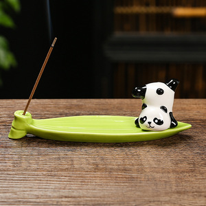 Ceramic Panda Incense Burner Green Leaf Shape <b>Hand</b> <b>Made</b> For Desk Tea Table Decor Therapeutic Aromatherapy Gift - Product Image 3