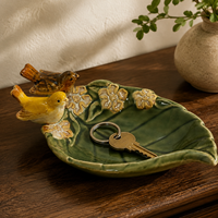 Ensemble de plateaux à bibelots en céramique en forme de feuille, avec figurine d'oiseau, vert forêt, pour bijoux et clés, artisanat, cadeau de Ramadan, d'anniversaire, pour la maison