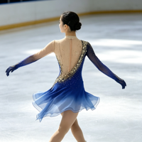 Robe de patinage artistique pour filles, avec strass dorés et dégradé bleu, dos ouvert, pour spectacle sur scène et compétition