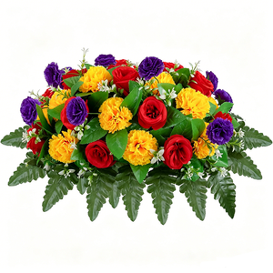Arreglo Floral Artificial para Cementerio, <span class=keywords><strong>Rosas</strong></span> Rojas, <span class=keywords><strong>Claveles</strong></span> Amarillos, Flores Púrpuras con Hojas <span class=keywords><strong>de</strong></span> Helecho, Decoración Conmemorativa para Exteriores - Product Image 1