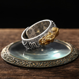 Bague Pixiu en argent Sterling 999 pour hommes et femmes, rétro Vintage Vajra coeur méridien Feng Shui ouverture amulette - Product Image 4