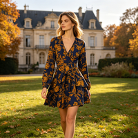 Robe de soirée vintage florale 2026 élégante à manches longues, taille nouée et ourlet à volants, vente en gros OEM