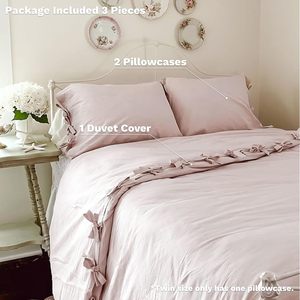 Parure de lit 3 pièces en coton lavé 100% avec nœuds papillon, texture moderne, durable, respirante, douce et chic (Queen) - Product Image 4