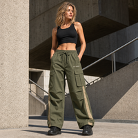 Pantalon cargo patchwork vert pour femme KM, pantalon de travail ample à rayures latérales et taille élastiquée, vente en gros
