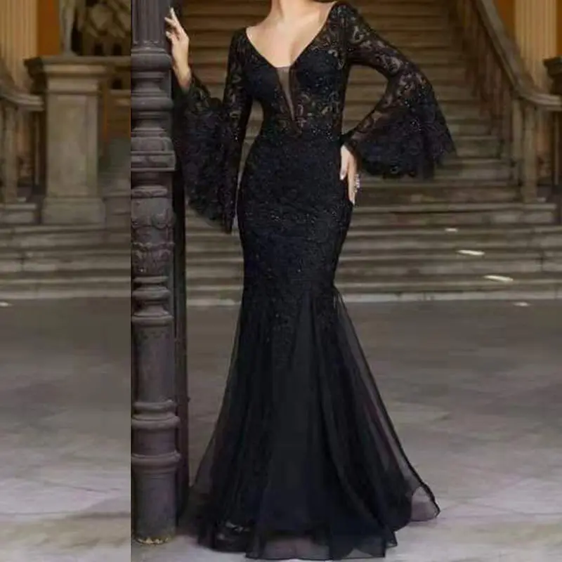New Arrivals High Quality Oem Custom Mesh Sexy Sequin Long Party Prom Gown Luxury Elegant Black Tassel Evening Dress