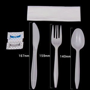 Individually Wrapped Disposable plastic knife fork spoon napkin salt and pepper in one poly bag Medium Weight Cutlery Set