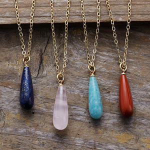 Crystal Teardrop Pendant Necklace 18K Gold Plated Natural Stone Lapis Lazuli Rose Quartz Amazonite <b>Red</b> Stone Unisex Everyday - Product Image 1