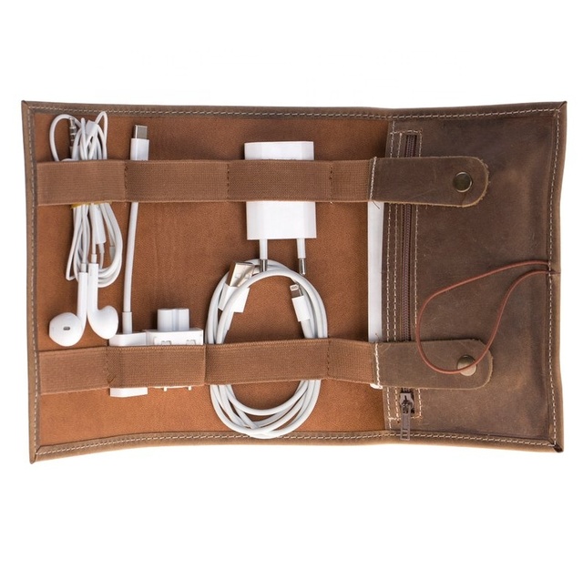 Custom Logo Roll up Cord Organizer USB Charge Cables Earphone Organizer Case Bag Genuine Leather or PU Leather OEM