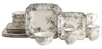 Service de table en céramique gris vintage à motif floral et oiseaux, 16 pièces, assiettes carrées, bols, mugs, pour 4 personnes, mariage champêtre, hôtel, restaurant