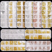 Mini 12 compartiments Clous à ongles 3D en alliage métallique et plastique, motifs étoile, cœur, cadre, rivets, style japonais, dos plat, longue durée, pour nail art de salon