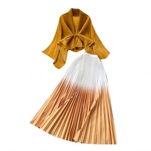 Ensembles décontractés d'automne pour femmes : Tunique à nouer et jupe plissée dégradée taille haute – Vêtements américains en gros - Product Image 5