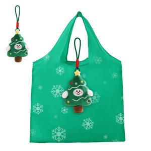 Sac de courses pliable en peluche courte, motif de dessin animé de Noël avec un arbre vert et un Père Noël mignon, jouet en peluche de Noël personnalisé, sac à main - Product Image 3