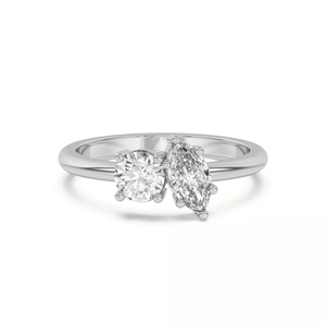 Solid 18K Gold Two Stone Engagement <b>Ring</b>, Round & Marquise Cut Prong Set Lab Grown Diamond Toi Et Moi Women Wedding Jewelry - Product Image 1