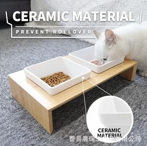 Bol surélevé en bois massif pour chat bols de nourriture pour animaux de compagnie avec support en céramique surélevée ensemble de support de vaisselle pour chat Double bol <span class=keywords><strong>station</strong></span> d'alimentation pour chat - Product Image 5