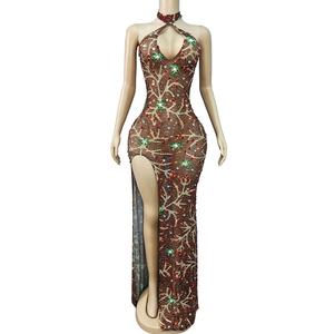Vrouwen sexy glanzende lovertjes halternek hoge split vloerlengte bodycon illusie sneldrogende jurk verjaardag bruiloft avond <span class=keywords><strong>prom</strong></span> - Product Image 1