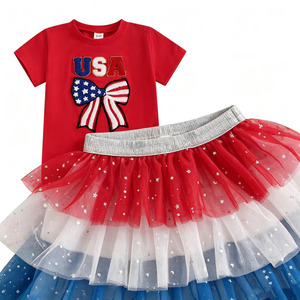 Set di Abbigliamento Estivo per Bambine RTS per il Giorno <span class=keywords><strong>dell</strong></span>'Indipendenza, Maglietta con Fiocco Ricamato USA e Gonna in Rete Colorata - Product Image 2