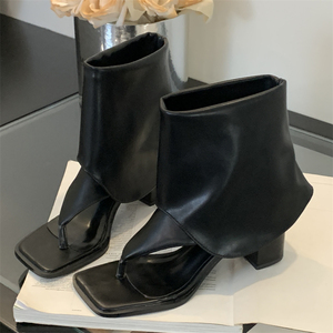 Women's 2026 Thick Heel Short Boots with Square Toe Autumn and Winter Lace-up High Heels Sexy Flip Flops <b>Shoes</b> - Product Image 4