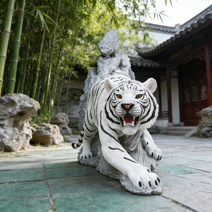 화이트 타이거 포효하는 레진 조각상, 사실적인 검은 줄무늬와 입 벌린 모습, 진짜같은 호랑이, 드러난 이빨과 분노하는 눈 - Product Image 4