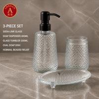 Ensemble d'accessoires de salle de bain en verre gaufré 3 pièces : distributeur de savon, gobelet et porte-savon pour la décoration d'hôtel, vente en gros