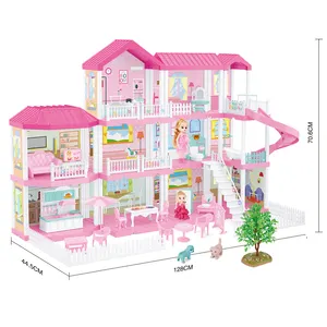Huiye 2020 Puppe Haus rosa Spielzeug Kunststoff Material Mode Kinder Kunststoff Spielhaus Mädchen Spielzeug DIY Puppe Haus Spielset