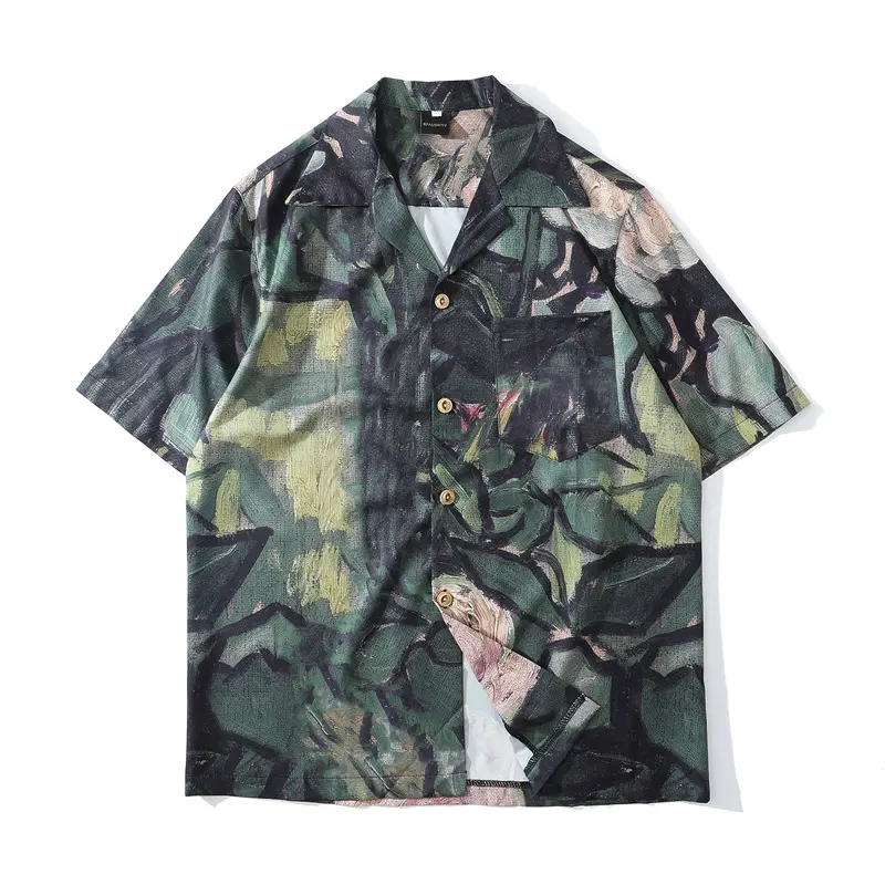 Custom Cheap Men's Clothes Casual Cotton Polyester Floral Printing Short Sleeve Hawaiian Button Dress Shirts