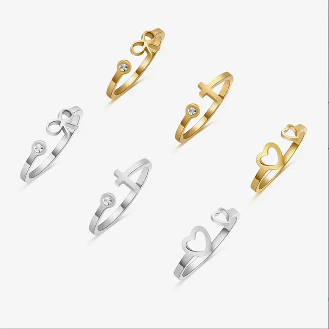 QIFEI Fashion Diamond Cross Open Ring Stainless Steel Bow Peach Heart Rings Jewelry Women Wholesale