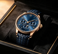 Montre-bracelet automatique chronographe de style luxueux pour homme, cadran bleu rond, bracelet en cuir
