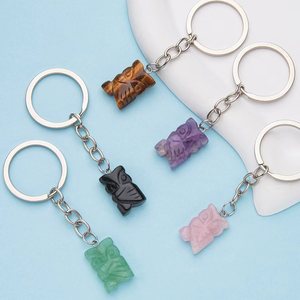Natural Stone Crystal Gemstone Agate Sculpture Owl Stainless Steel Key Chain Mobile Phone Bag Pendant for Women and Men
