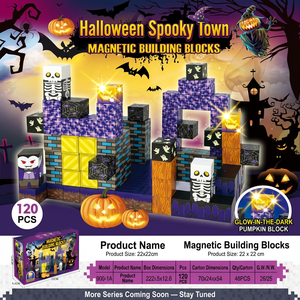 Blocs de construction magnétiques d'Halloween 120 pièces, blocs citrouille qui brillent dans le noir, ensemble de briques de ville fantôme - Product Image 2