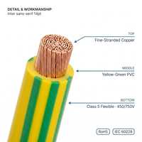Cable de Tierra Amarillo Verde H07V K con Aislamiento de PVC, Cable de Tierra de Cobre Trenzado Fino para Paneles de Distribución, Energía Solar Fotovoltaica