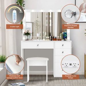 モダンなバニティセット照明付きミラーウッドパネル隠しスペースコンセント寝室用 - Product Image 6