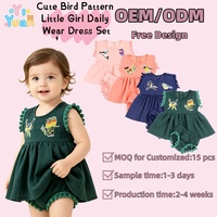 Robe sans manches personnalisable pour petite fille, style A-line, broderie d'oiseau, bordure à pompons, taille élastique, short bouffant, ensemble 2 pièces pour l'été