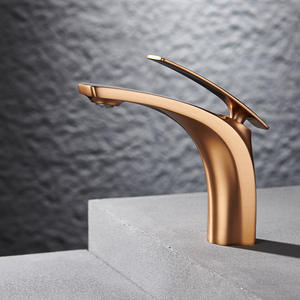 Grifo Mezclador para Lavabo de Baño, Totalmente en Cobre, Acabado Dorado Cepillado, Presurizado, con Núcleo de Cerámica Refrigerado por Agua, Agua Fría y Caliente - Product Image 1