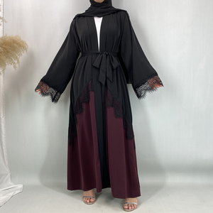 Abaya ouverte prête à l'emploi, noire et bordeaux, avec manches en dentelle patchwork, robe longue musulmane ceinturée, kimono islamique avec poches (1509) - Product Image 2