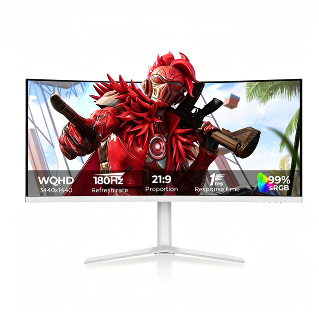 OEM 34 Inch White Curved Gaming Monitor 180Hz Ultra Wide WQHD LCD Display Factory Wholesale A+ Gaming Screen