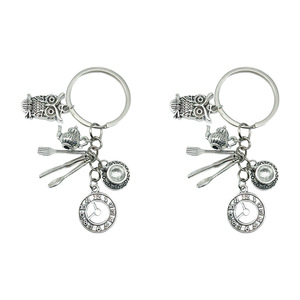 Porte-clés en alliage d'argent antique avec breloques hibou, horloge, théière, fourchette et cuillère, accessoire créatif portable pour bricolage, cadeau - Product Image 1