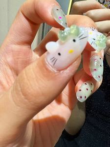 Faux ongles à presser faits à la main, motif chat KT <span class=keywords><strong>bleu</strong></span>-<span class=keywords><strong>vert</strong></span>, style français, nœud 3D, couverture complète avec colle, art des ongles mignon et dessin animé - Product Image 4