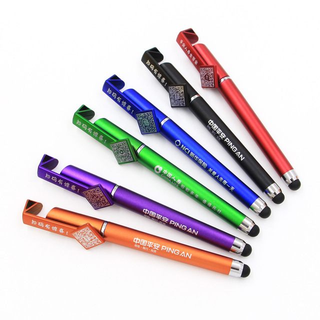 Customized China Best Selling 4 in 1 Ballpoint Pen with Touch Stylus Mobile Holder Stand and QR Code Imprint on the Cap Clip