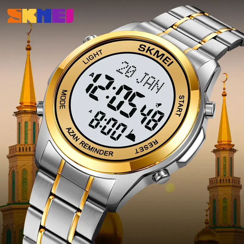 Relojes digitales árabes de acero inoxidable, reloj de pulsera con dirección Al Azan, Qibla, islámica, para oración musulmana, 2097