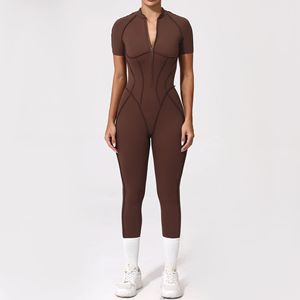 Của phụ nữ co giãn thoải mái thể thao bodysuit ngắn tay áo nhảy Jumpsuit với dây kéo phía trước mở trở lại chắp vá nén Jumpsuit - Product Image 6