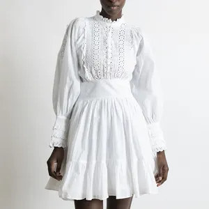 2024 Spring Summer Luxury Fashion Women Custom Elegant White Eyelet Cotton Embroidered Lace A Line Ruffled Mini Dress For Party