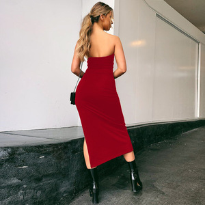 Vente en gros pour femme sans bretelles, fente haute, dîner sans manches, robes de soirée longues et élégantes froncées - Product Image 5