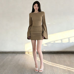 Vestido de fiesta elegante para mujer, de color liso, con manga murciélago, fruncido, ajustado, sin espalda y con diseño hueco. - Product Image 5