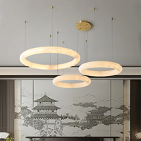 Lustre Suspendu d'Intérieur en Laiton Antique Bronze, Design Moderne Halo Di Pietra Alabaster, Double Anneau, Tube Rond