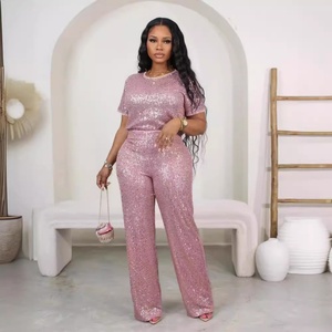 2025 Spring Summer Collection Women's Casual Two-Piece Set Short-Sleeved <b>Pants</b> <b>Sequin</b> Embroidery Solid Color Available for Amazo - Product Image 3