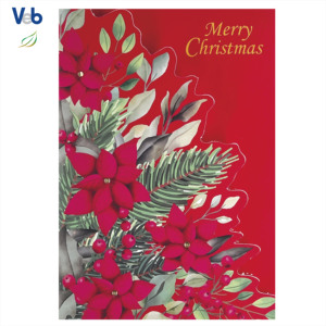 Carte de remerciement artisanale en carton couché écologique, motif Poinsettia Rouge Joyeux Noël, avec dorure à chaud, senteurs des saisons, personnalisable - Product Image 1